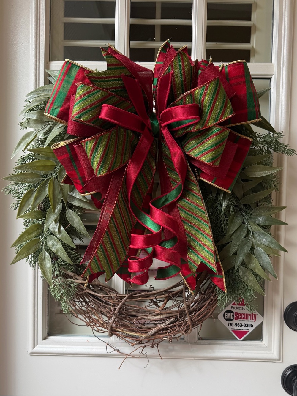 Holiday Red & Green Ribbon Bow Wreath Accent